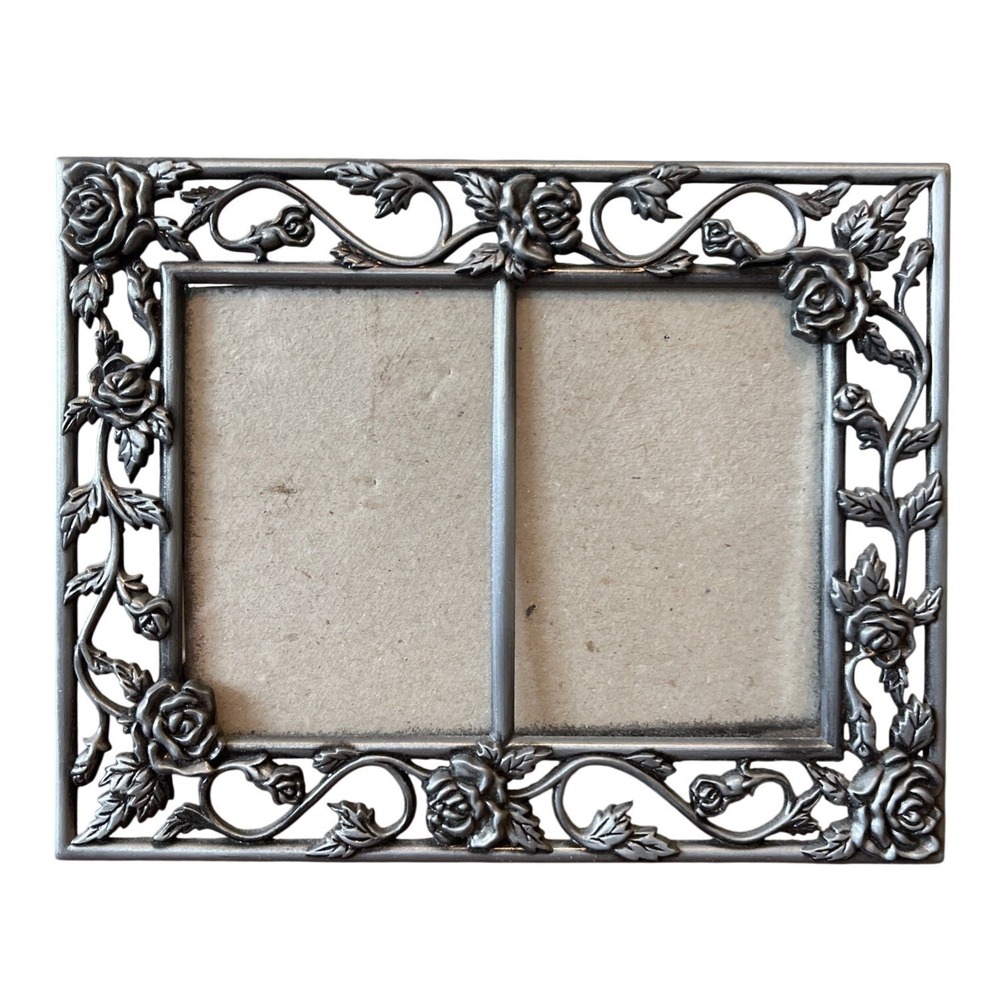 Vtg DECOREL Ornate Silver Tone Double Mini Frame Rose Floral Couples 1.75x2.5‎